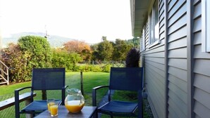 A patio with two chairs and a table, a pitcher of orange juice, and a glass of orange juice. - Trout Retreat - Mountain, lake and river (Turangi)