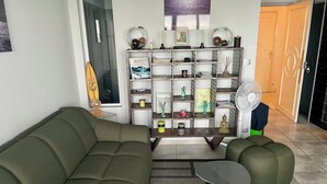 A living room with a green sofa, a coffee table, and a bookshelf with various decorative items. - Luxury studio 1st line Ocean for 2 persons (Biarritz)