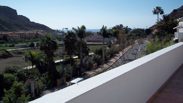 A balcony with a view of a coastal town, palm trees, and a mountain in the background. - Pensión Eva (Mogan)