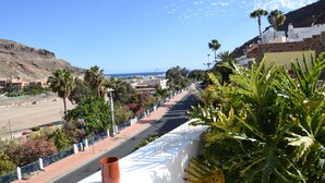 A coastal road with a white wall and a terracotta pot, lined with palm trees and a clear blue sky. - Pensión Eva (Mogan)