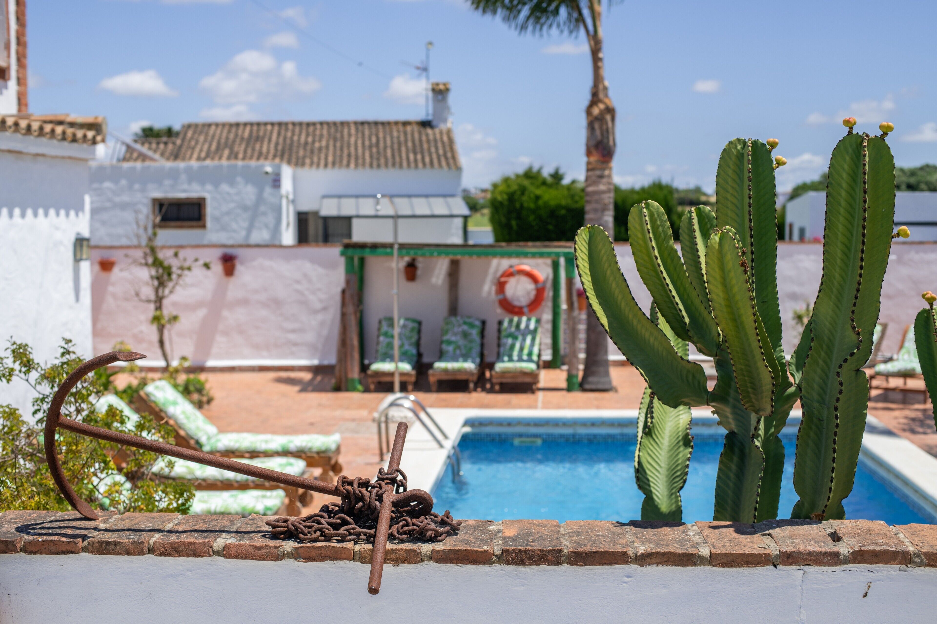 Una piscina con un cactus y un ancla.