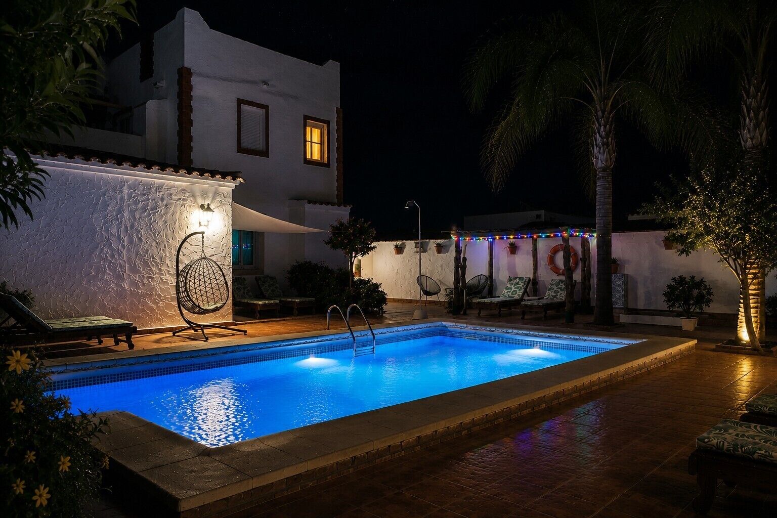 A swimming pool with lounge chairs and a white building with windows.
