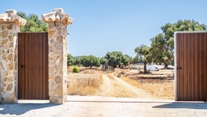 Une entrée fermée par un portail, avec des piliers en pierre et une porte en bois, qui mène à un chemin de terre bordé d’arbres, et où l’on aperçoit un véhicule au loin.