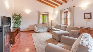 Ein Wohnzimmer mit Kamin, einer Sofagarnitur, einem Fernseher und einer Pflanze.