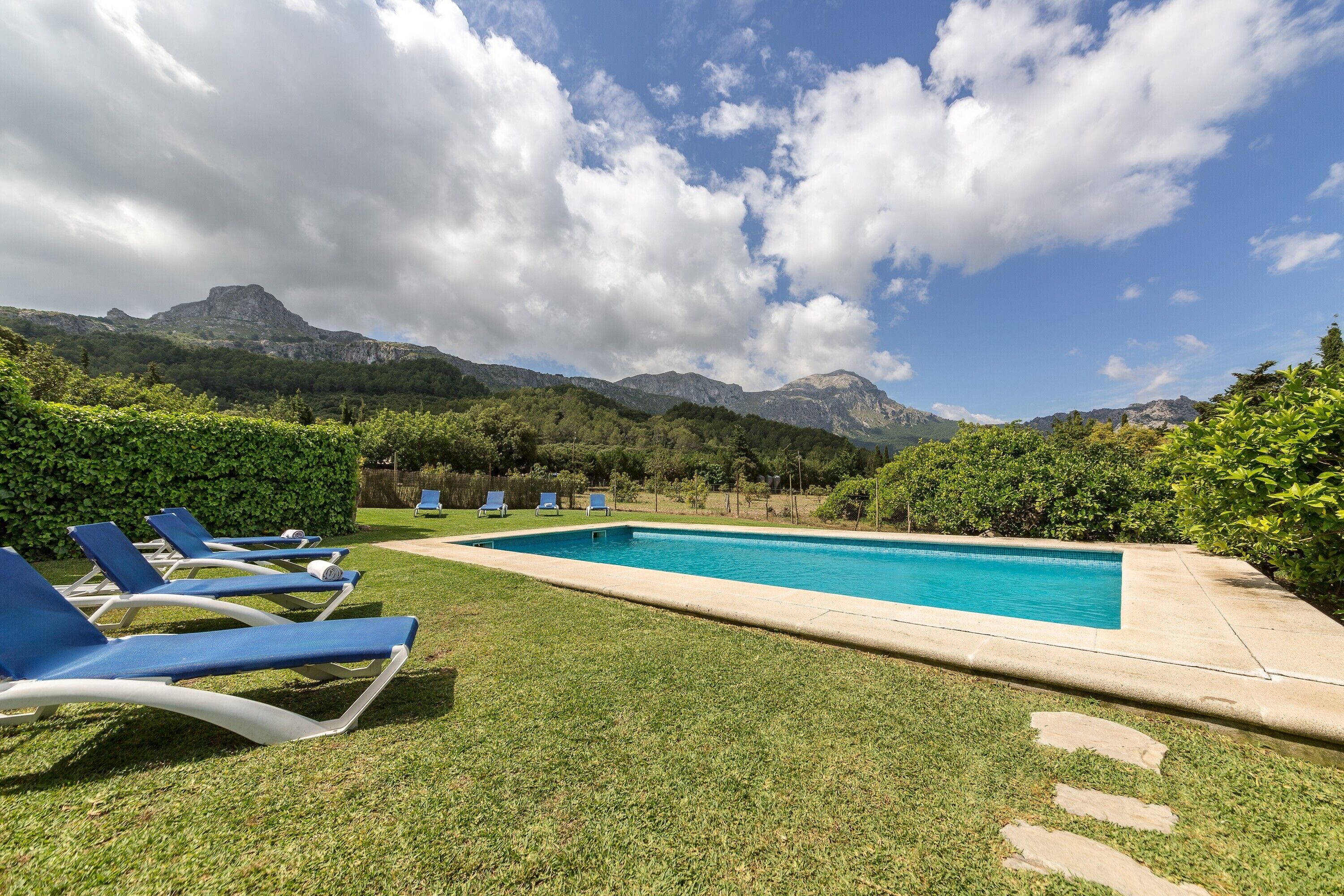 Ein Swimmingpool mit Liegestühlen, umgeben von Pflanzen und Bergen.