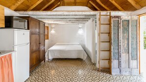 Um quarto pequeno e rústico com teto de madeira, uma cama, um frigorífico e uma porta com a tinta descascada.