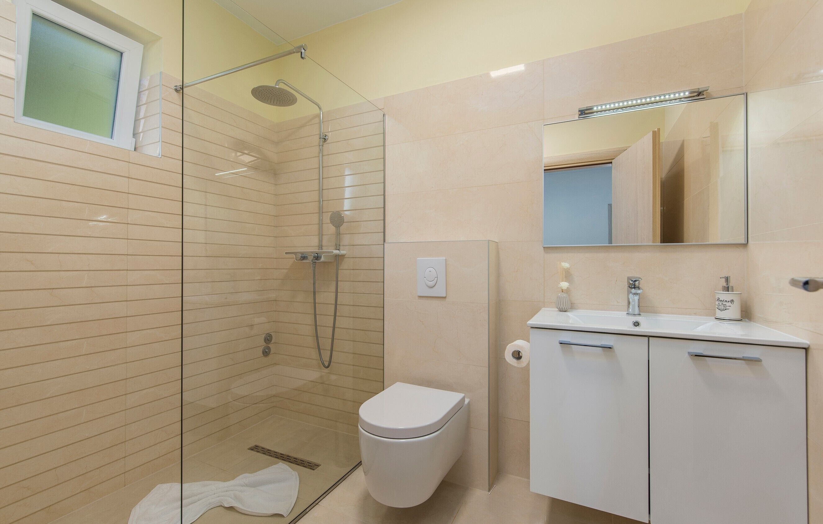 A bathroom with a glass-enclosed shower, a toilet, and a vanity with a mirror.