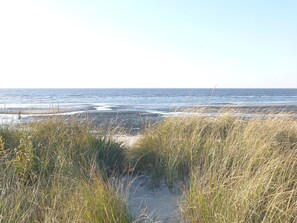 Vlak bij het strand, ligstoelen