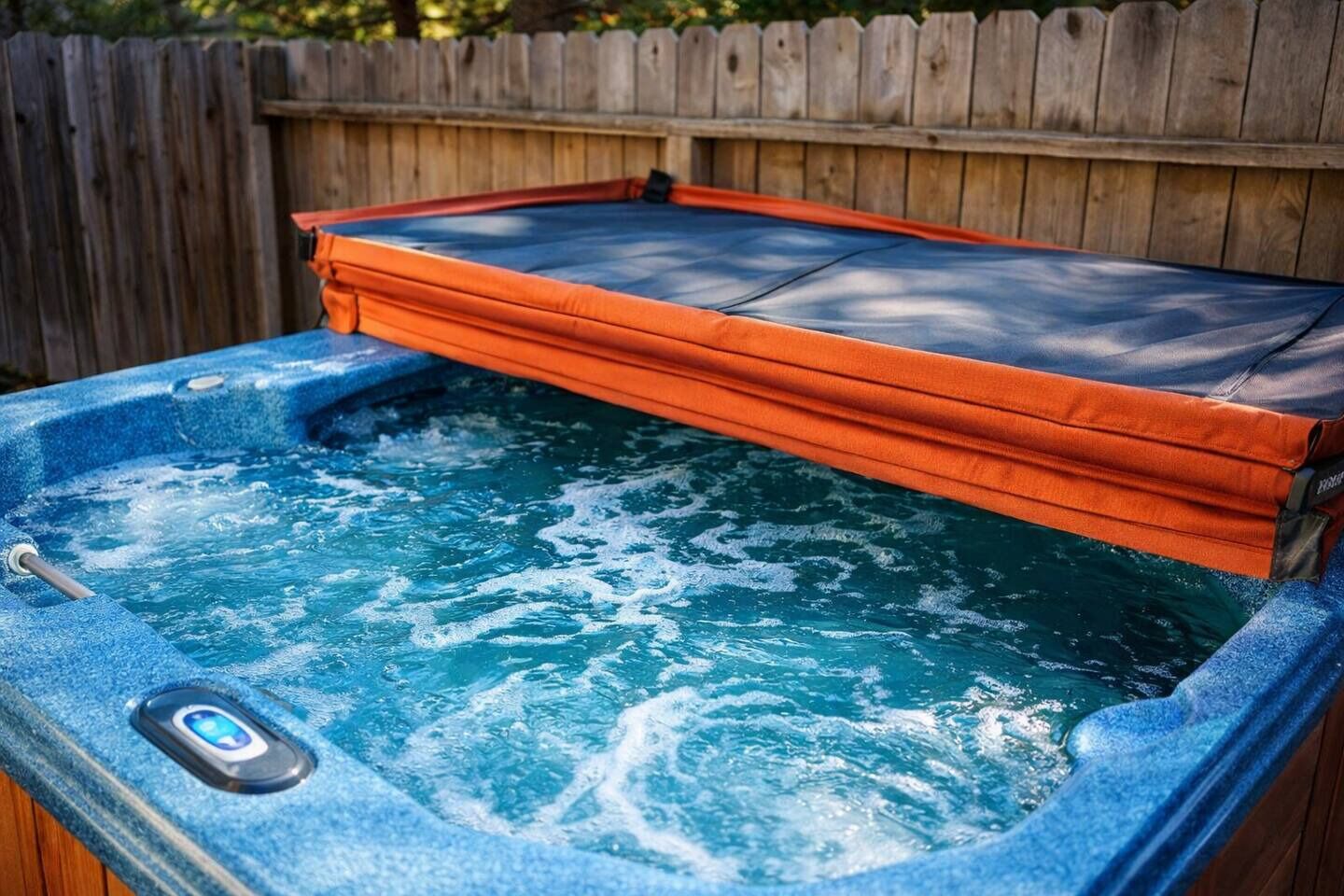 Un jacuzzi con una terraza de madera y una valla de madera al fondo.