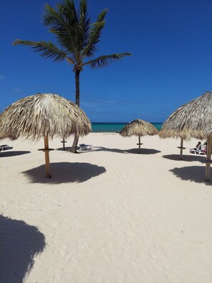 A beach with thatched umbrellas and a palm tree.