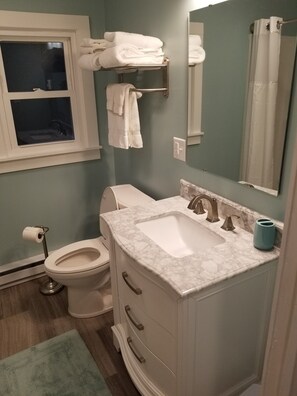 A bathroom with a toilet, sink, and towel rack.