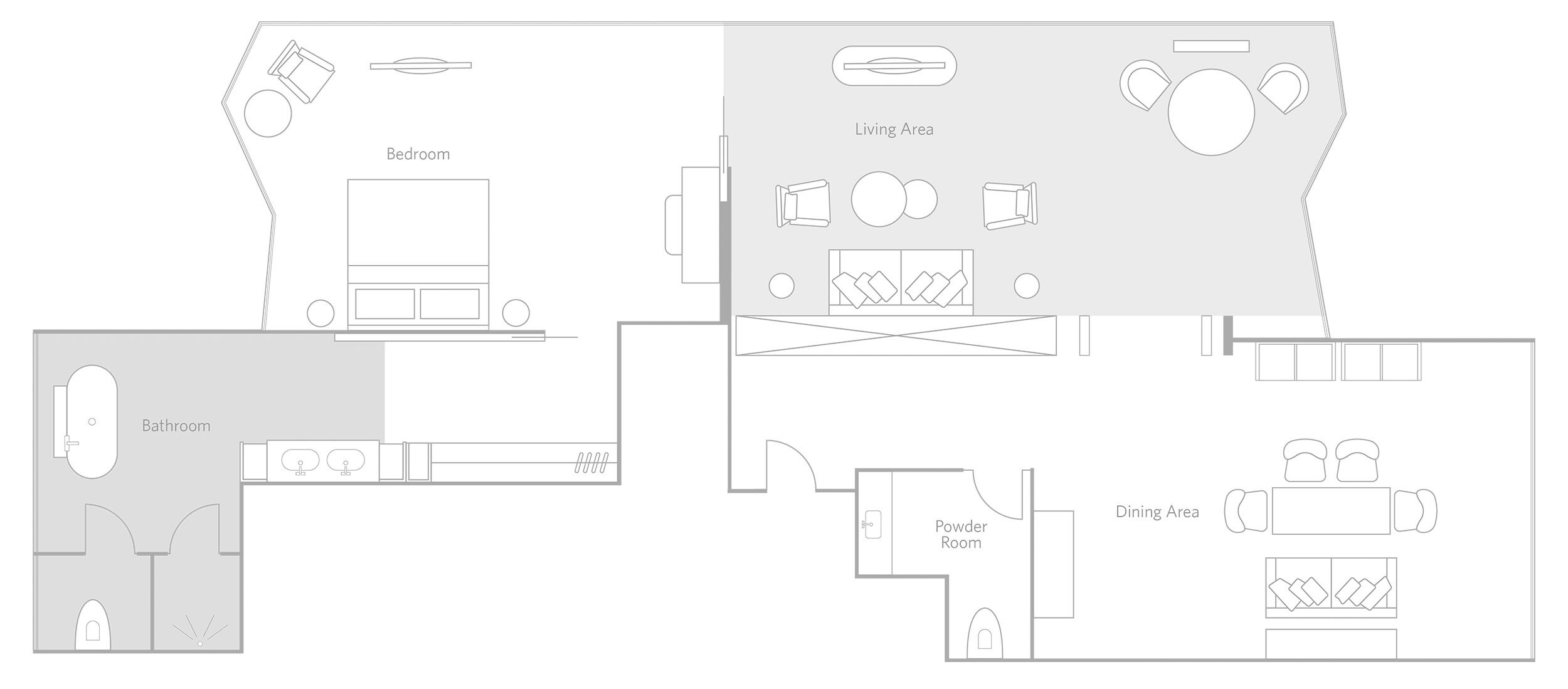A floor plan of a hotel with a bedroom, bathroom, powder room, dining area, and living area.