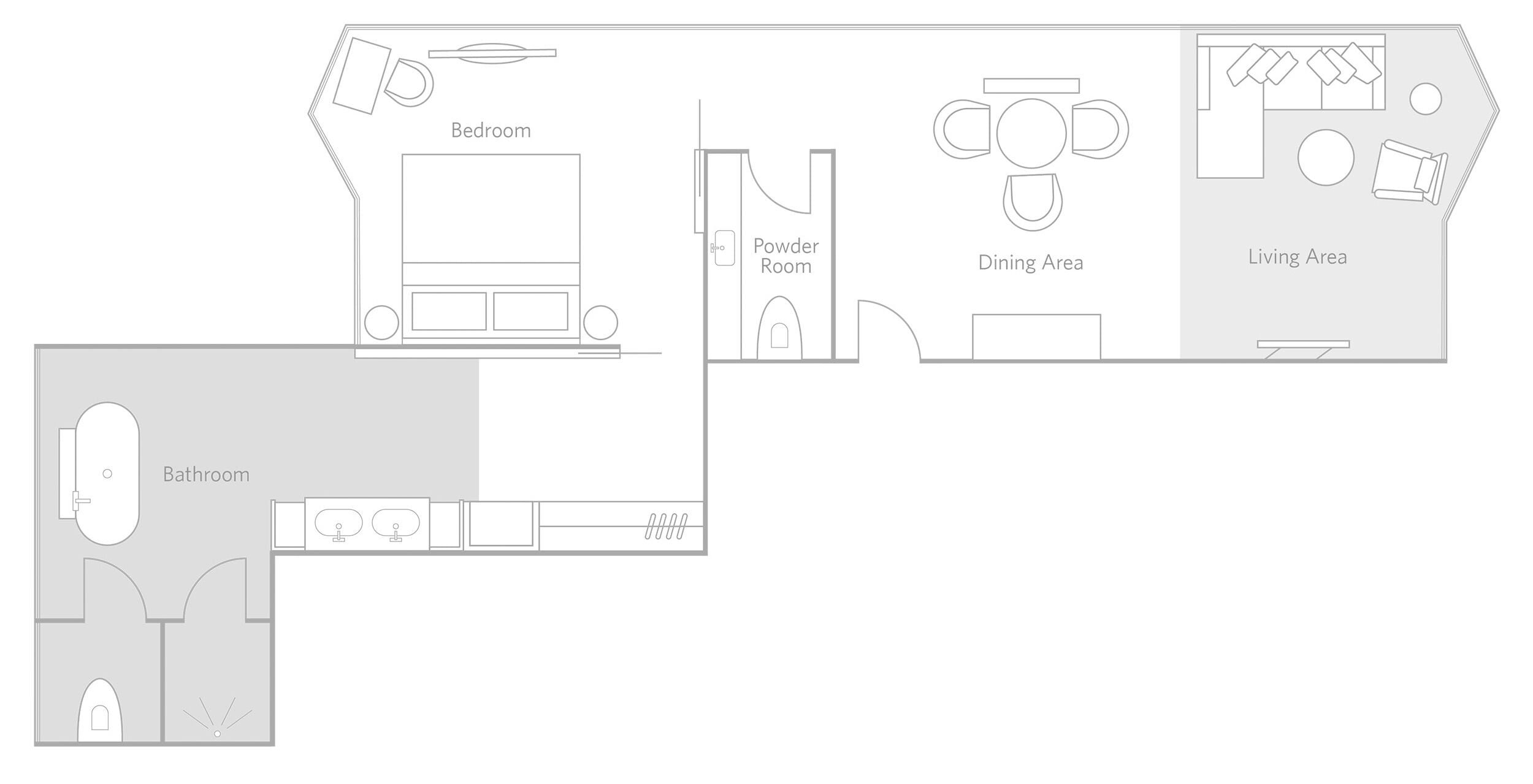 A floor plan of a hotel with a bedroom, bathroom, powder room, dining area, and living area.
