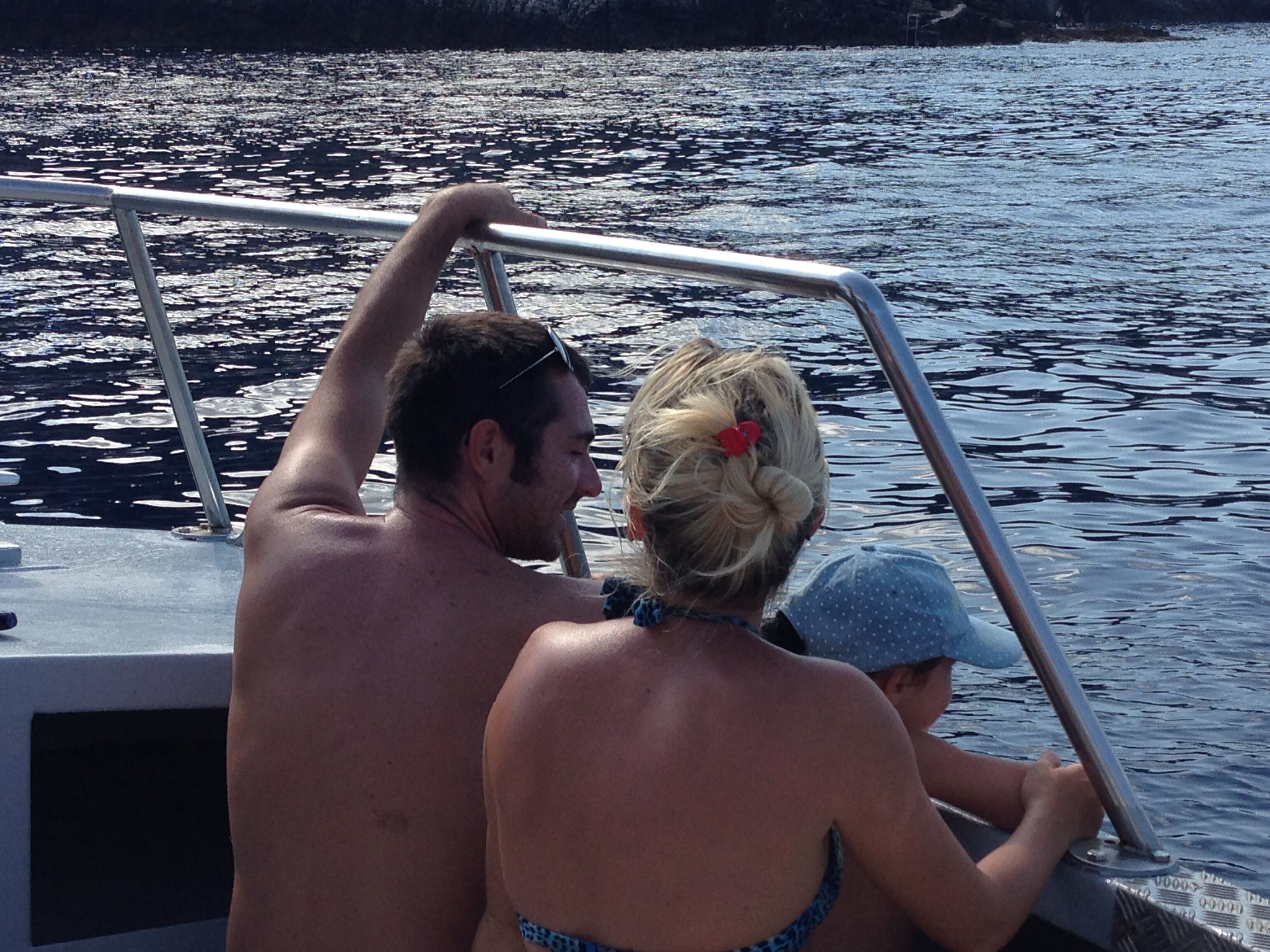 A boat with metal railings and a person holding onto the railing.