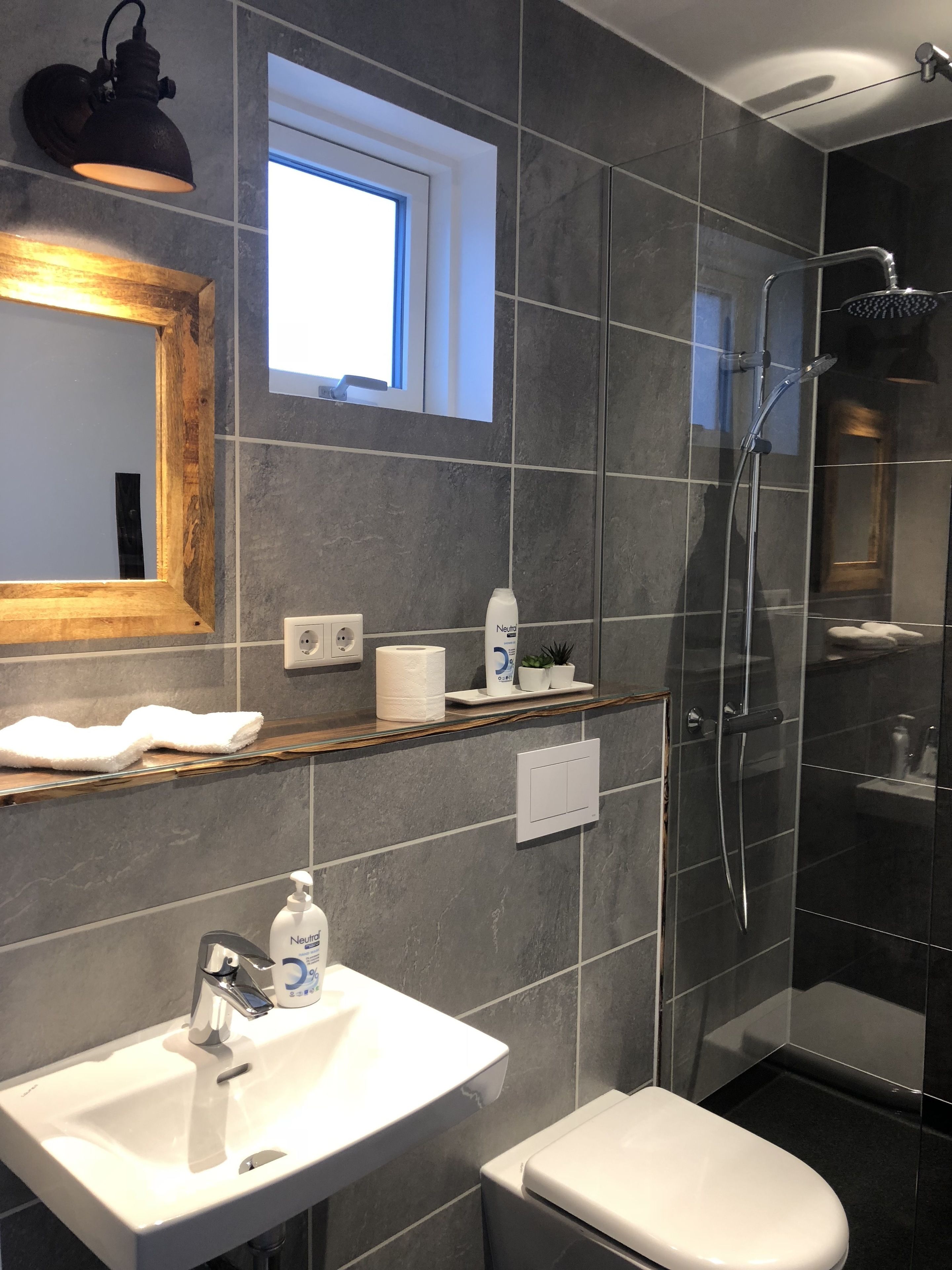 Shower, free toiletries, towels