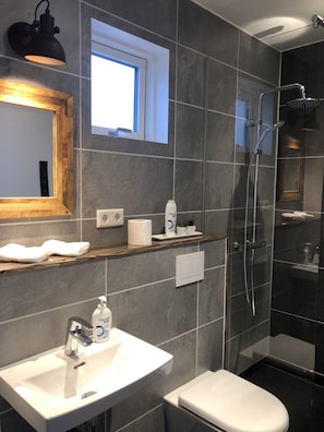 Shower, free toiletries, towels