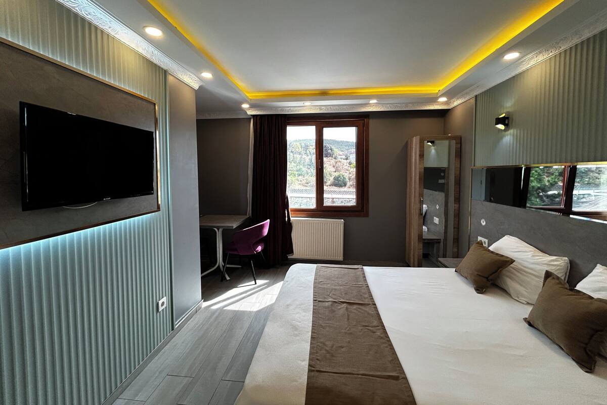 A modern hotel room with a large bed, a flat-screen TV mounted on the wall, a desk with a chair, and a window with curtains.
