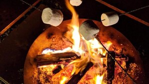 Een kampvuur met houtblokken en marshmallows.