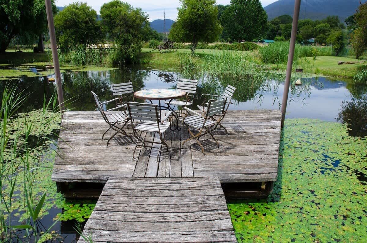 Una banchina in legno con un tavolo rotondo e sedie, circondata da acqua e vegetazione.