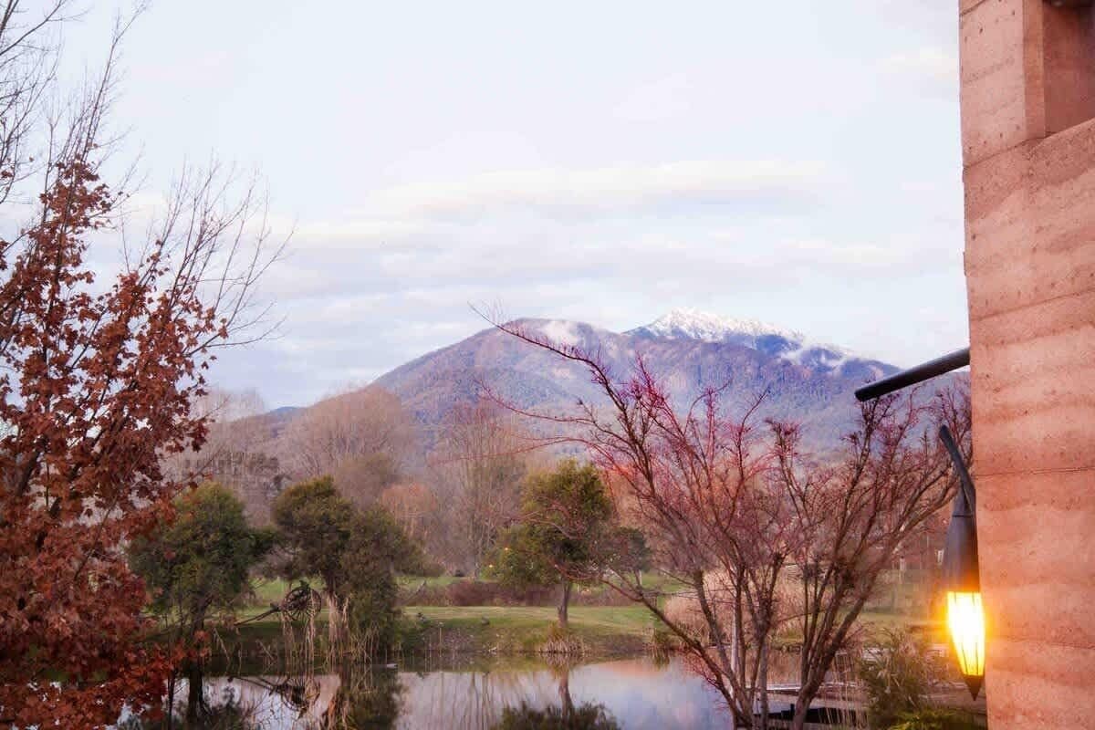 Vista de una montaña, un cuerpo de agua y árboles con hojas otoñales.