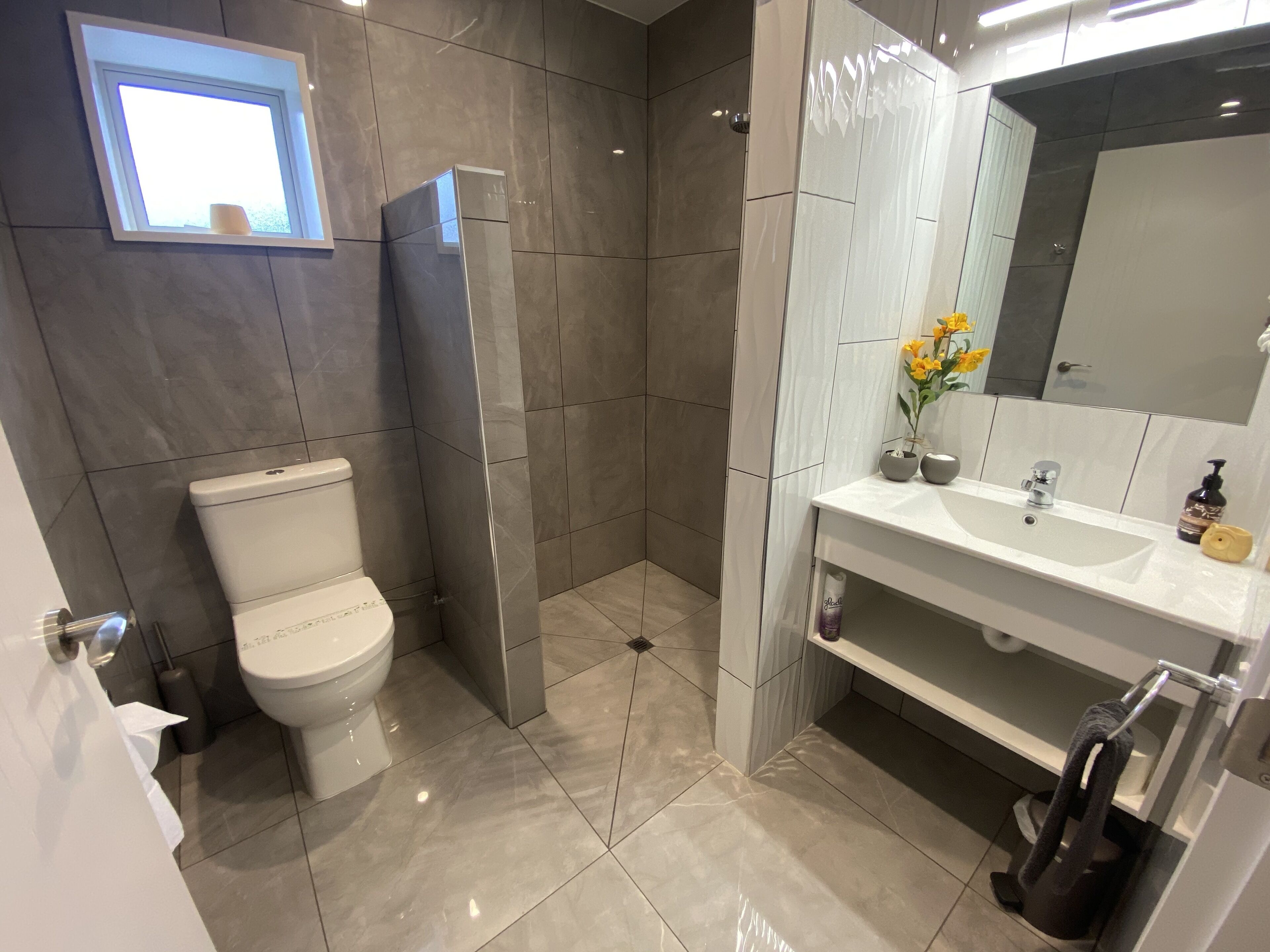 A modern bathroom with a toilet, shower, sink, and mirror.