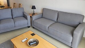 Ein Wohnzimmer mit zwei grauen Sofas, einem Holztisch, einer Lampe und einer Fernbedienung.