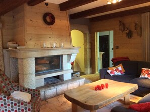 Een televisie, een open haard, een dvd-speler en boeken