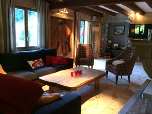 Télévision, cheminée, lecteur de DVD, livres