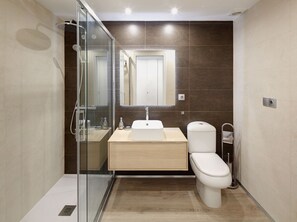 Shower, hair dryer, bidet, towels