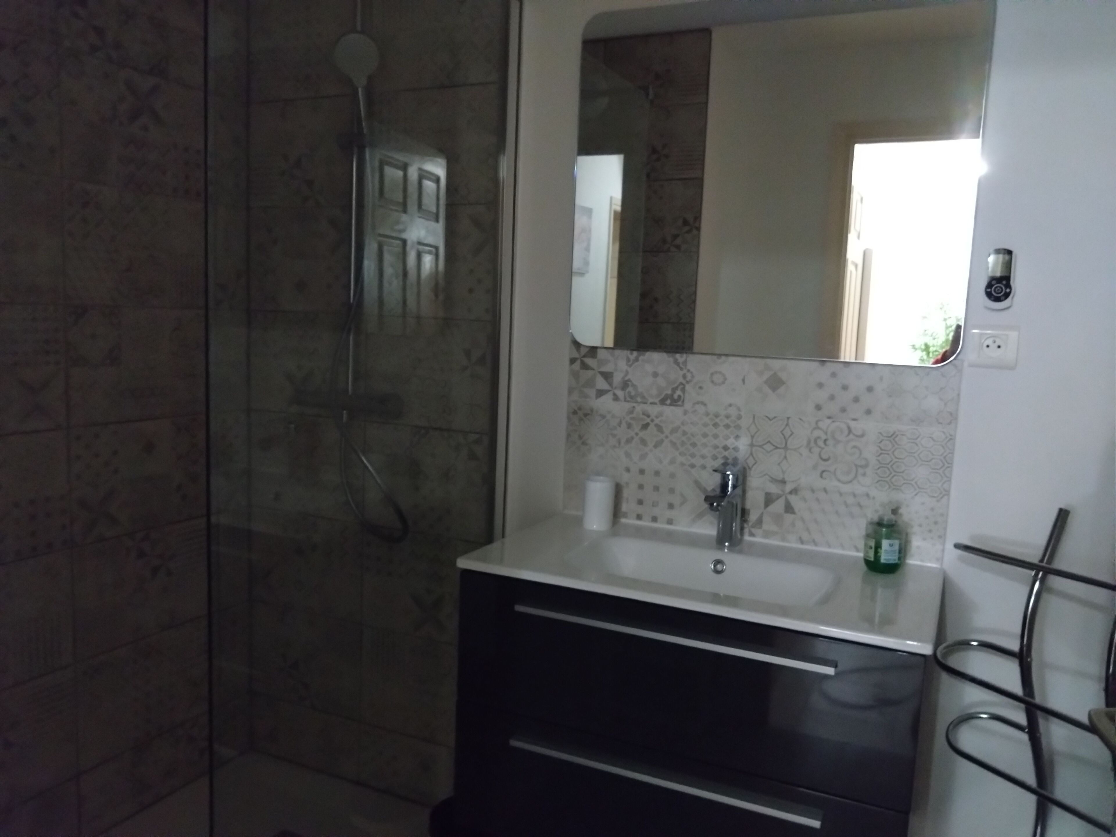 Une salle de bain avec une douche, un lavabo et un miroir.