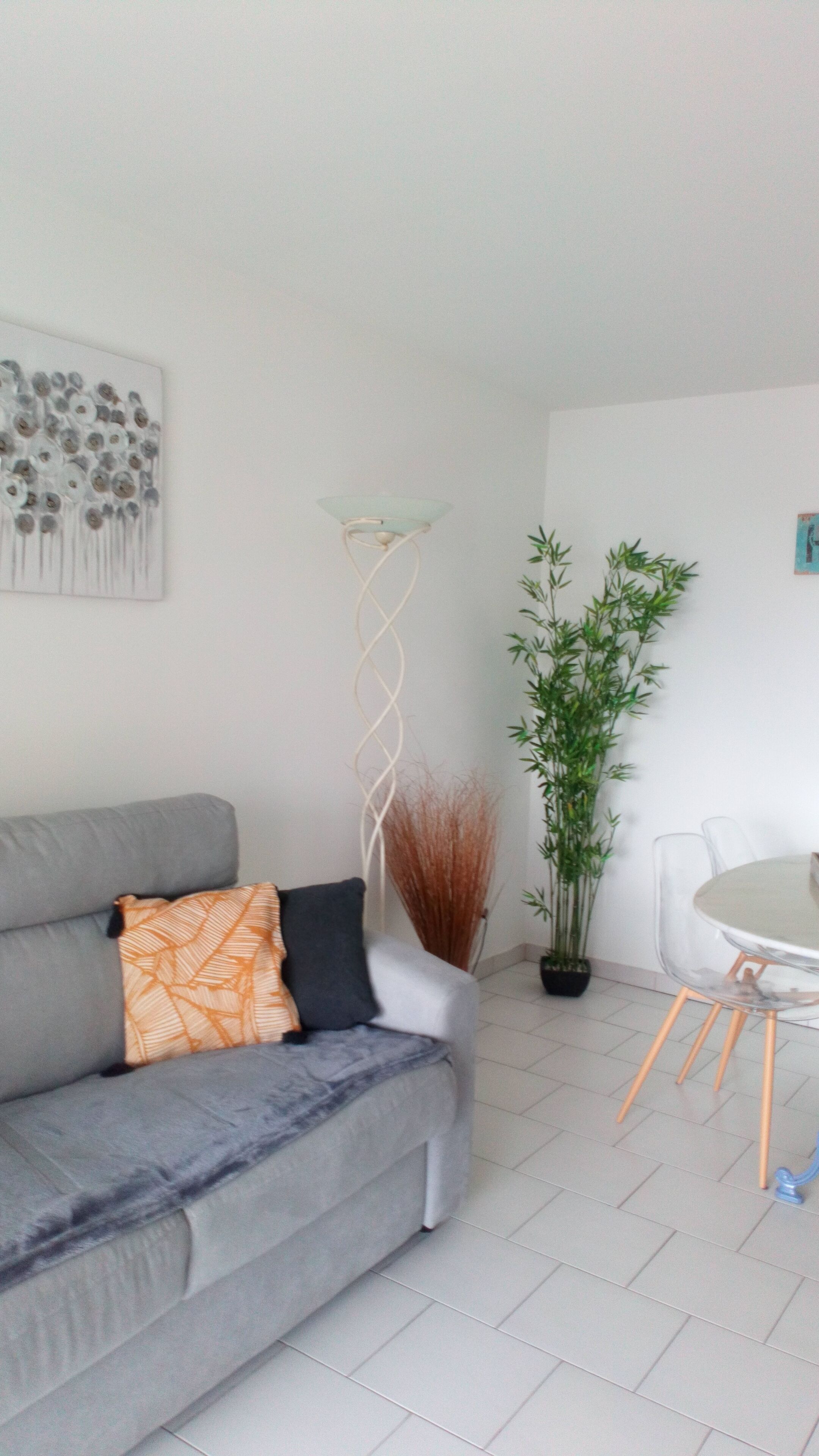 A modern living room with a grey sofa, a floor lamp, a potted plant, and a dining area with a table and chairs.