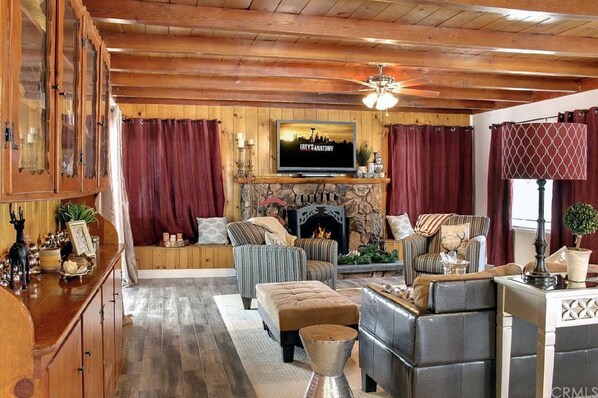 Smart TV, fireplace, video games, DVD player