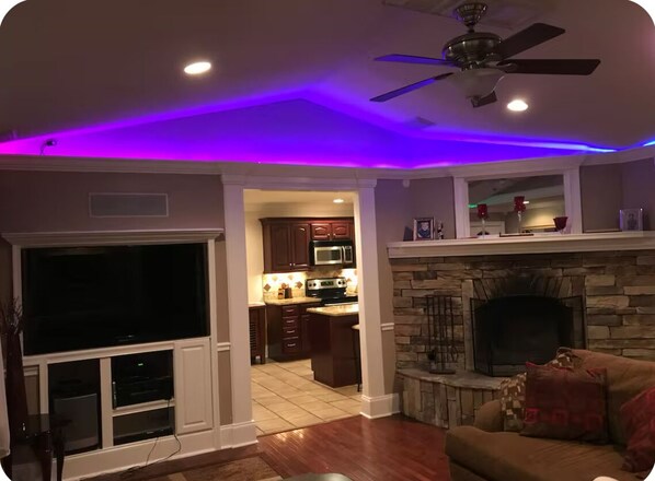 Smart TV, fireplace, video games, DVD player