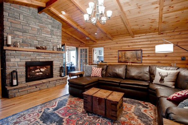 TV, fireplace, table football, books