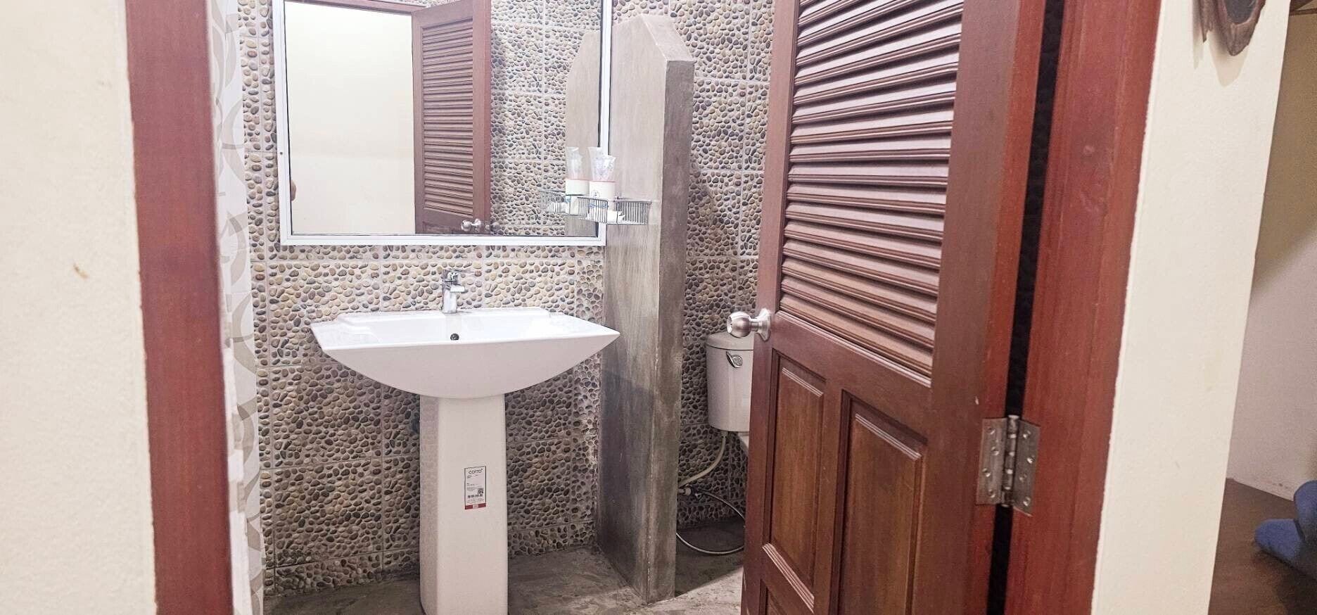 A bathroom with a white pedestal sink, a mirror, and a wooden door.