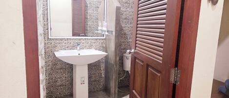 A bathroom with a white pedestal sink, a mirror, and a wooden door.