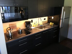 Réfrigérateur, micro-ondes, plaque de cuisson, cafetière/bouilloire