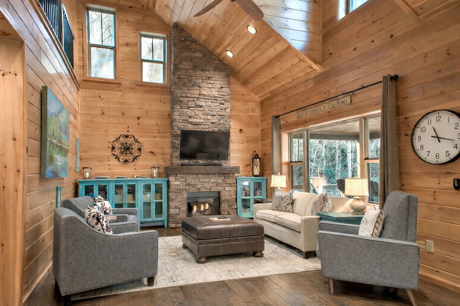 TV, fireplace, books