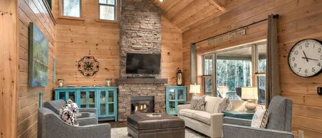 TV, fireplace, books