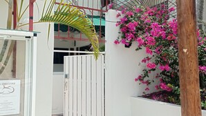 Entrada de un hotel con un letrero que dice 'Hotel Casa Coco' y un servicio de alquiler de bicicletas llamado 'B - Bicicletas Boca Chica'.