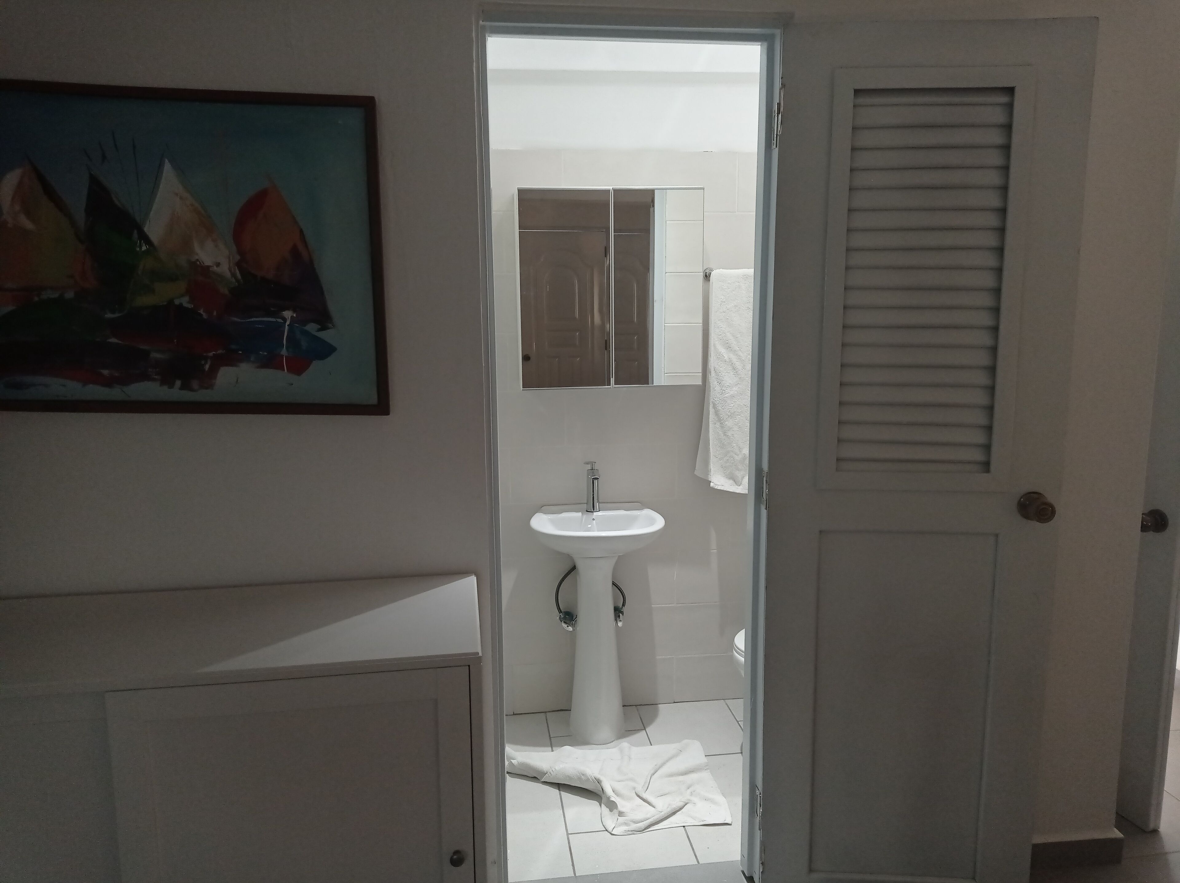A bathroom with a white sink, a mirror, and a towel hanging on the wall.