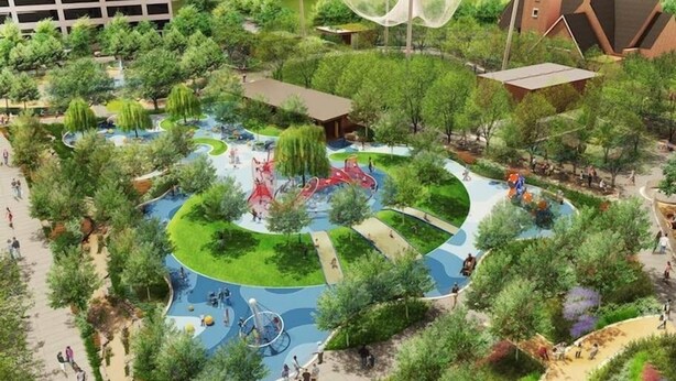 A park with playgrounds, walking paths, and a basketball court surrounded by trees and greenery. - Kernersville Hot Tub  Pool  Arcade Gym Wifi Coffee (Kernersville)