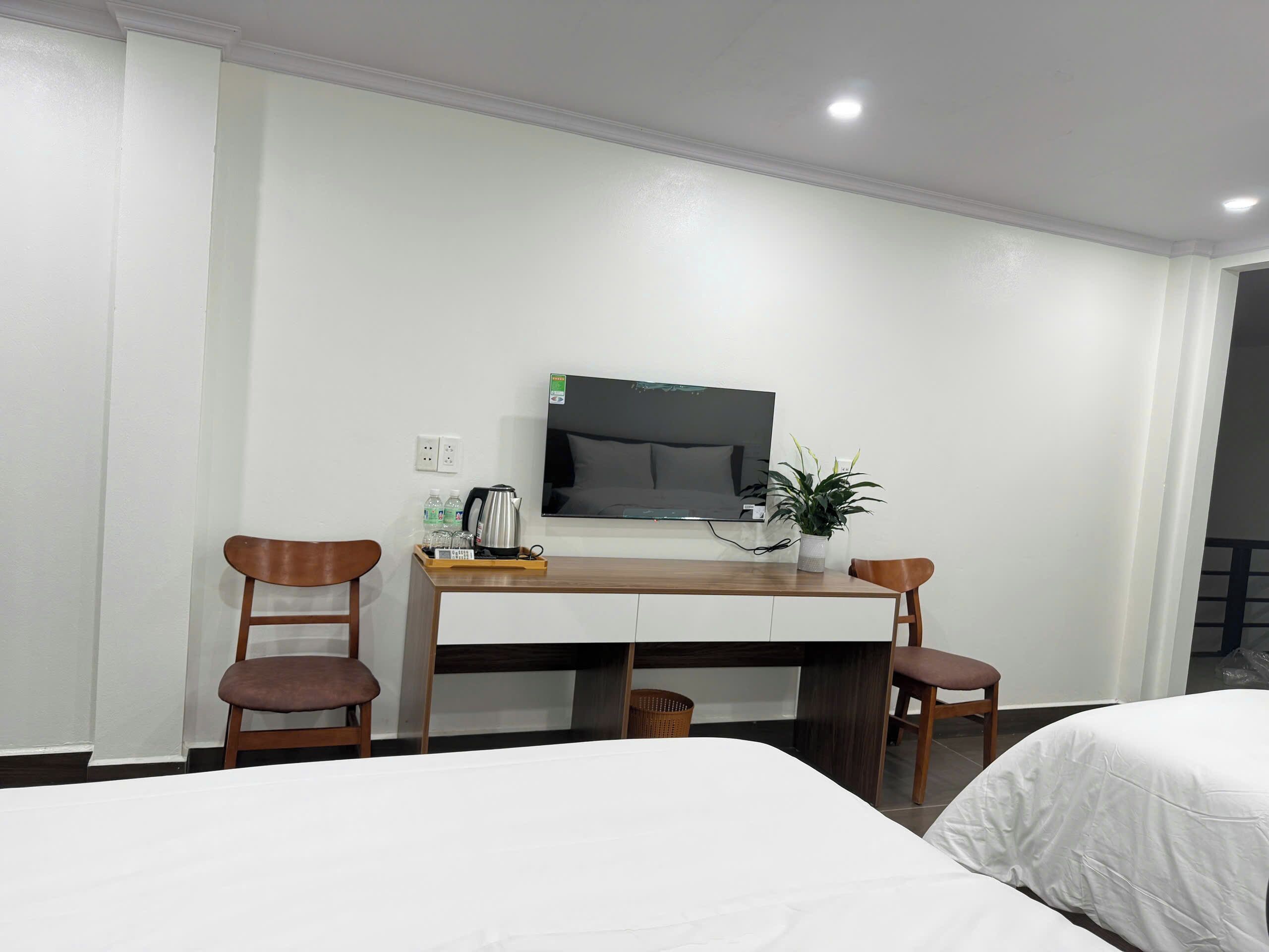 Una habitación de hotel con una cama, un escritorio con televisor, dos sillas y una planta en maceta.