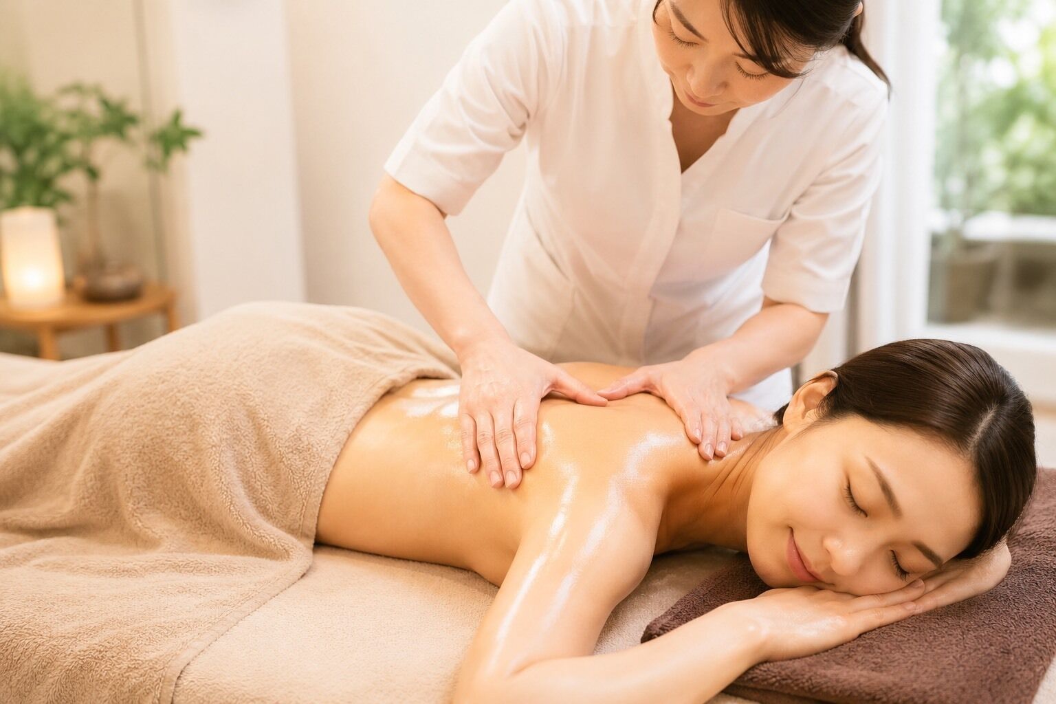 Een massagetherapie sessie in een spa, een cliënt ligt ondersteboven op een massagetafel, bedekt met een beige handdoek.