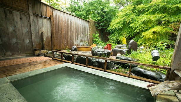 A traditional Japanese onsen with a wooden deck, a stone pathway, and a wooden fence. - Nikko Toshogu Koyoen (Nikko)