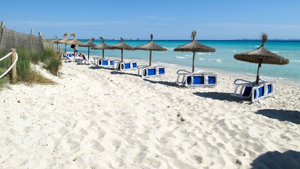 A beach with rows of sun loungers and thatched umbrellas, a sandy shore, and a clear blue sea.