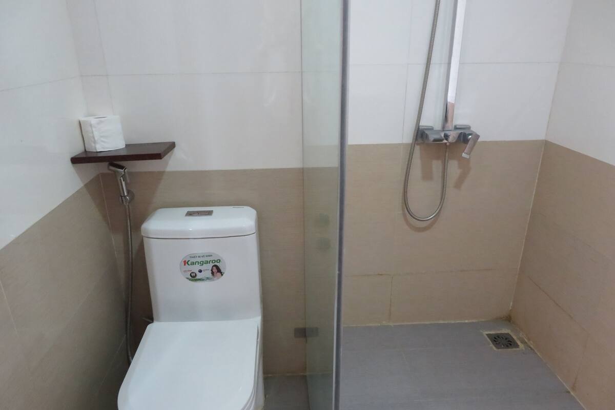 Shower, hydromassage showerhead, free toiletries, hair dryer