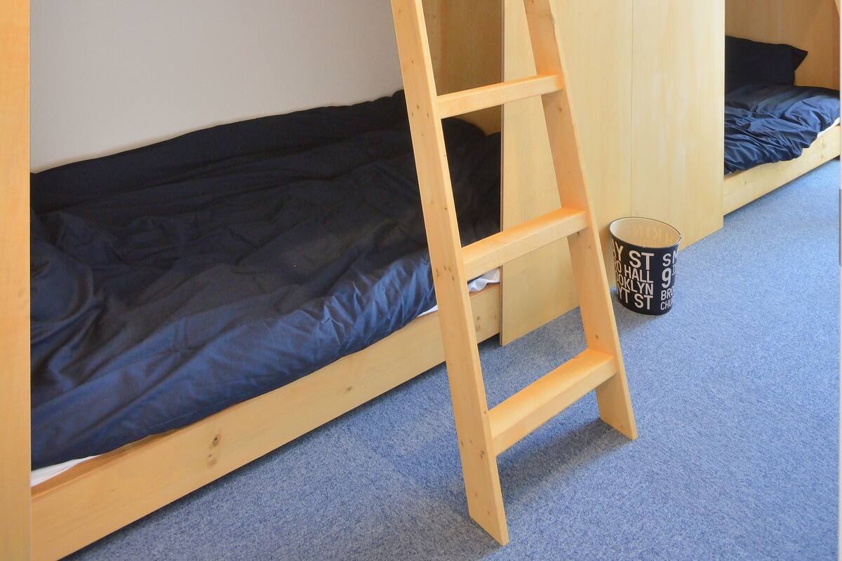 A bunk bed room with a ladder and a wardrobe.