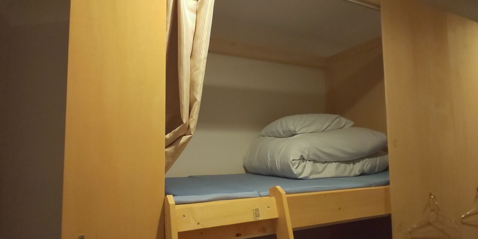 A bunk bed with a mattress and pillows, a wooden ladder, and a small drawer.