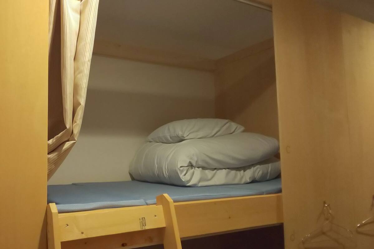 A bunk bed with a mattress and pillows, a wooden ladder, and a small drawer.